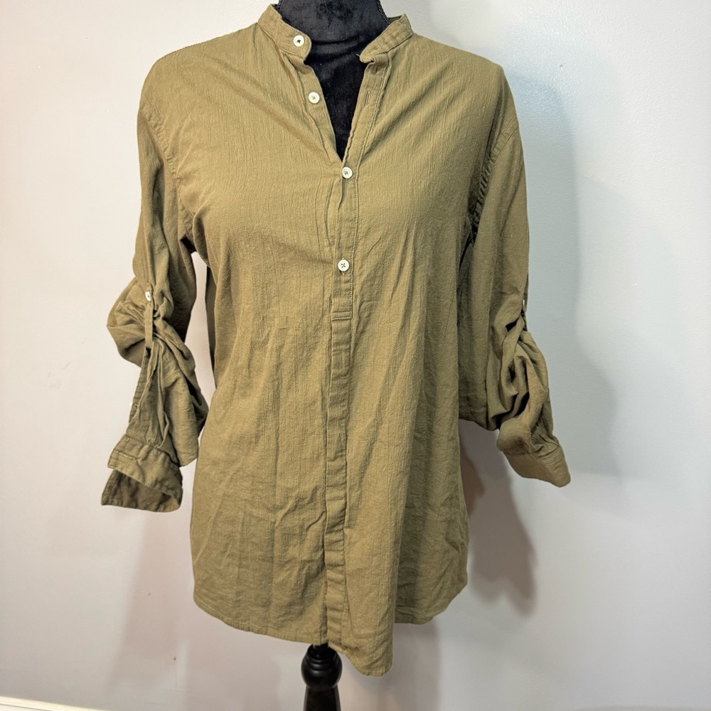 Zara Relaxed Fit Olive Green Long Sleeve w Rolled Tab Sleeve Shirt Button Cotton